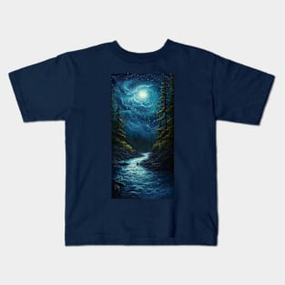 Abstract painting of full moon shining on the lake on a calm winter night Kids T-Shirt